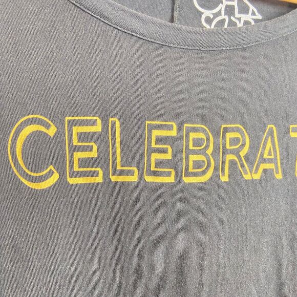 Chaser Celebrate Graphic Print T-Shirt Size S Black Drop Shoulder Long Sleeve - Picture 4 of 8
